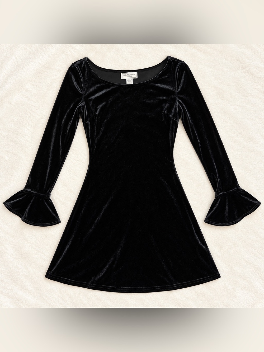 Vintage Jessica McClintock Black Velvet Bell Sleeve Mini Dress